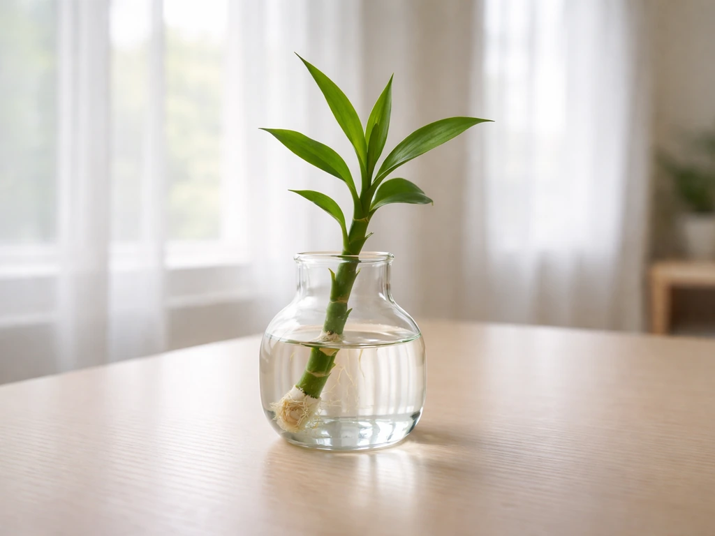 Glass container with a plant cutting in clear water near a bright, filtered window, no direct sunlight.