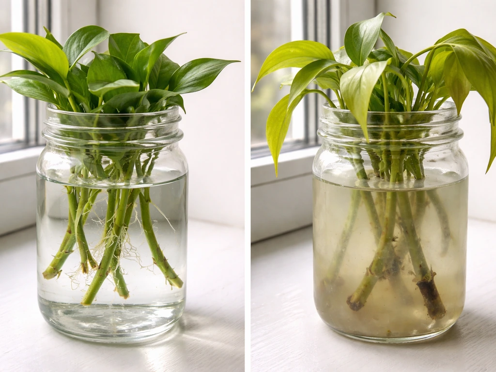 Split image of healthy plant cuttings with clear water vs slimy rot with yellowing leaves in jars