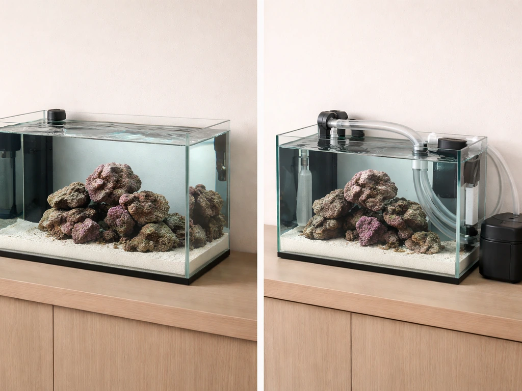 Split view of two aquarium setups: a clean home tank and a separate flow-through style alternative enclosure.