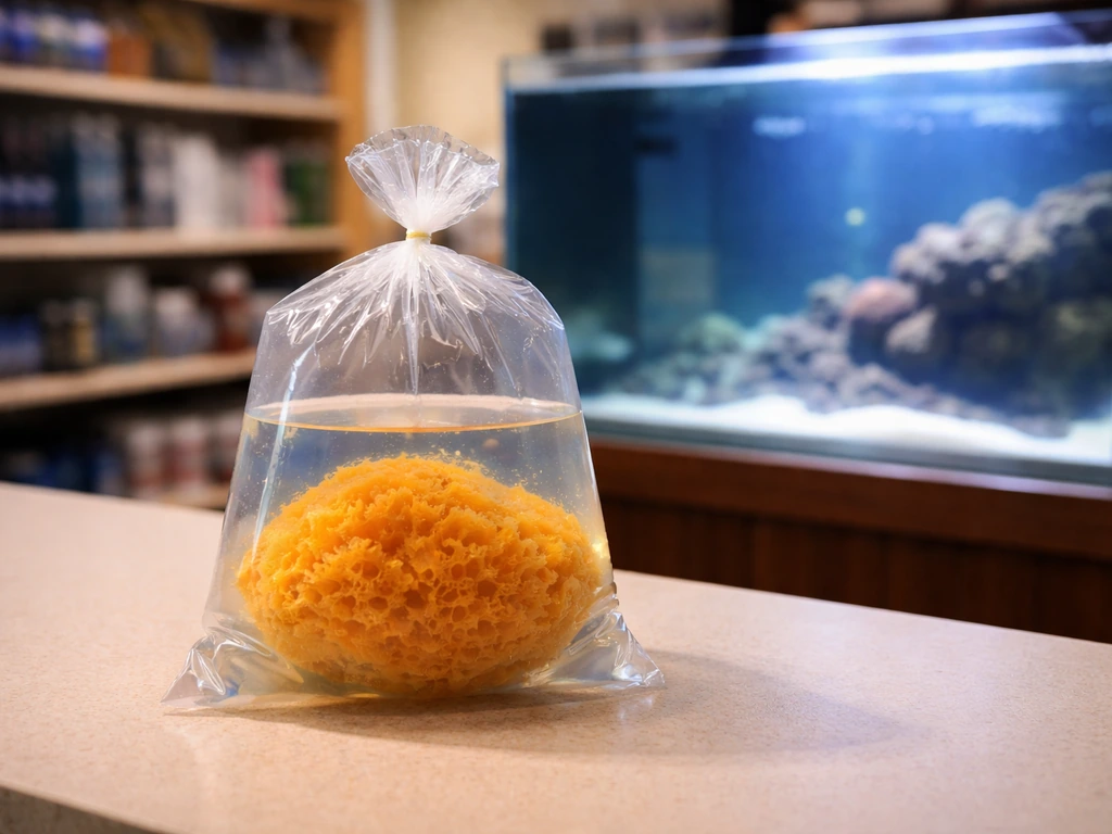 Sealed bag with a living sea sponge on a marine aquarium store counter, beside a tank.