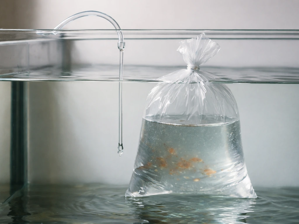 Sealed shipping bag in an aquarium connected to airline tubing with a visible drip line