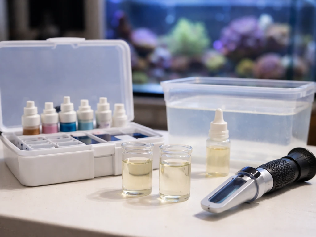 Reef water test kit and clear sample vials on a simple aquarium workbench in natural light.