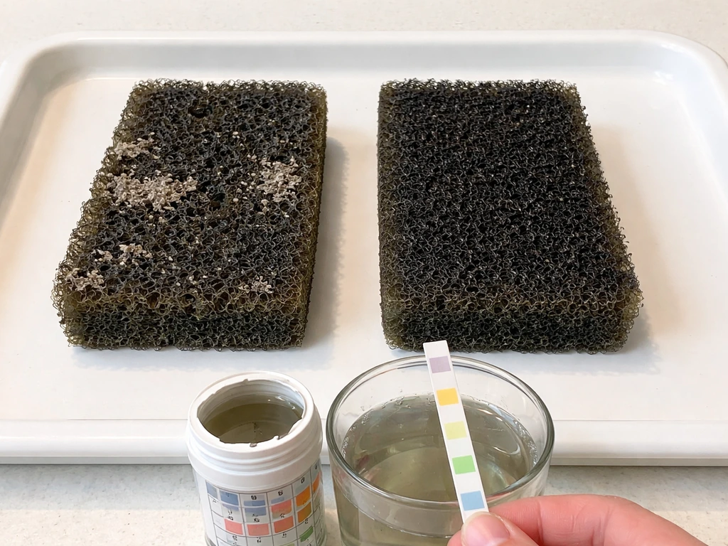 Close-up comparison of a sponge with white patches vs healthy sponge, with water test strip kit nearby.