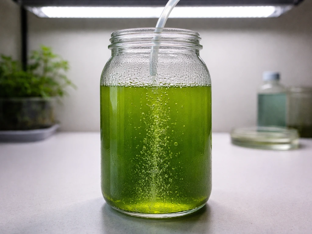 Green Nannochloropsis culture in a clear bottle under grow lights with an aeration tube