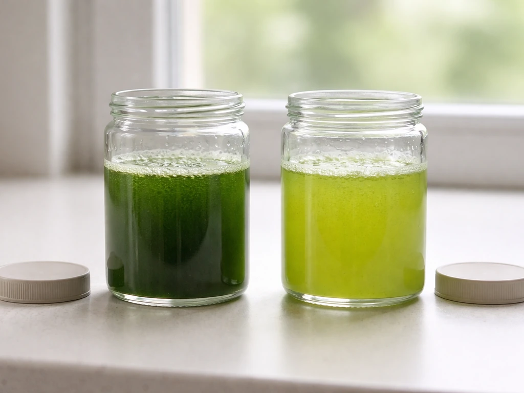 Two small clear culture containers with green algae under natural light on a simple countertop.