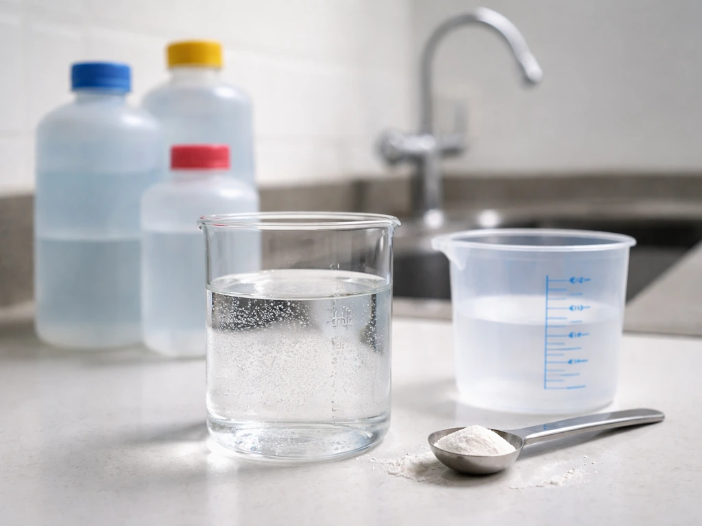 Close-up of RO/distilled water and nutrient mixing with clean bottles, scoop, and measuring cup