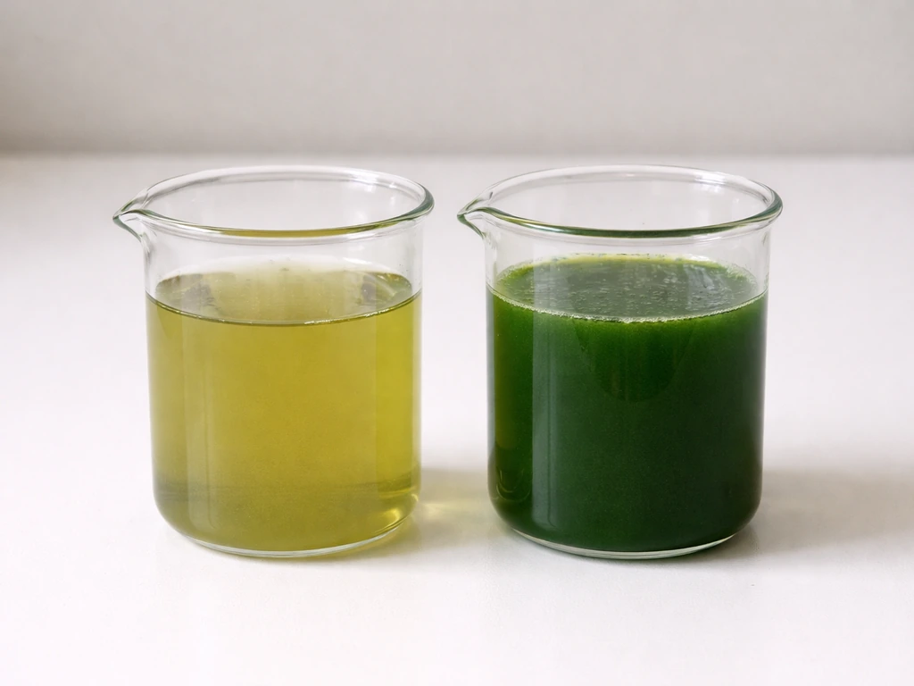 Two small beakers of algal culture: pale olive-green turning into rich opaque dark green turbidity.