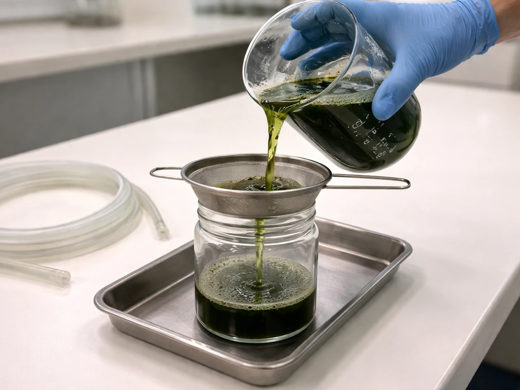 Gloved hand pouring dark green culture through a strainer into a clean container on a lab bench.