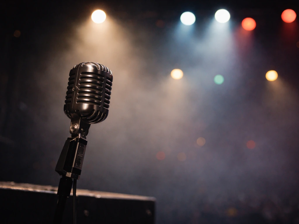 Close-up of a concert microphone on a dark stage with soft lights, suggesting rock performance and music revenue.