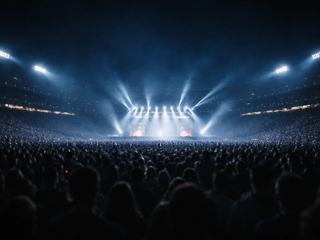 Distant stadium concert crowd at night with spotlights, evoking a major reunion tour and live royalties
