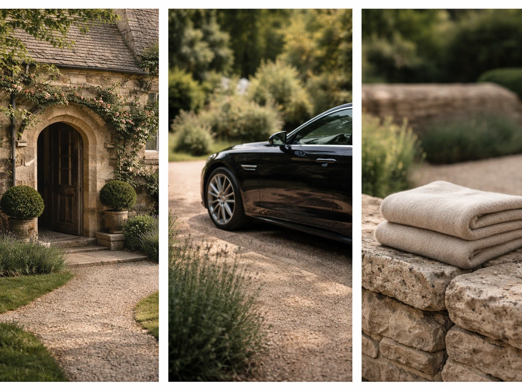 Cotswolds-style home exterior, luxury car parked outside, and folded fashion knitwear on a ledge.