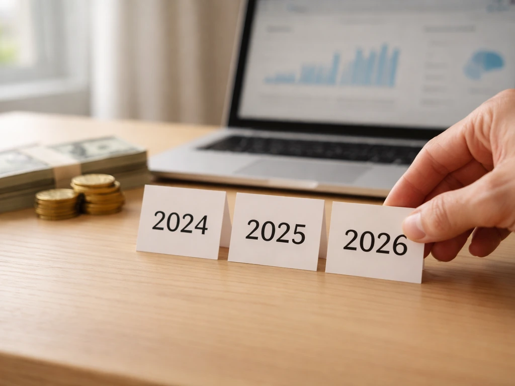 Minimal close-up of a hand placing three numbered year cards near a laptop and coins to suggest a net-worth trend