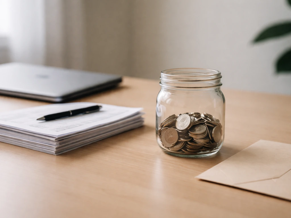 Desk with documents and a glass jar of coins, symbolizing assets vs liabilities.