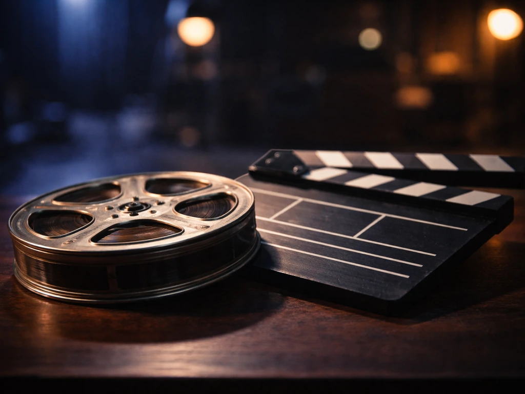 Close-up of a film reel and clapperboard on a dark desk, lit like a twilight-style movie set