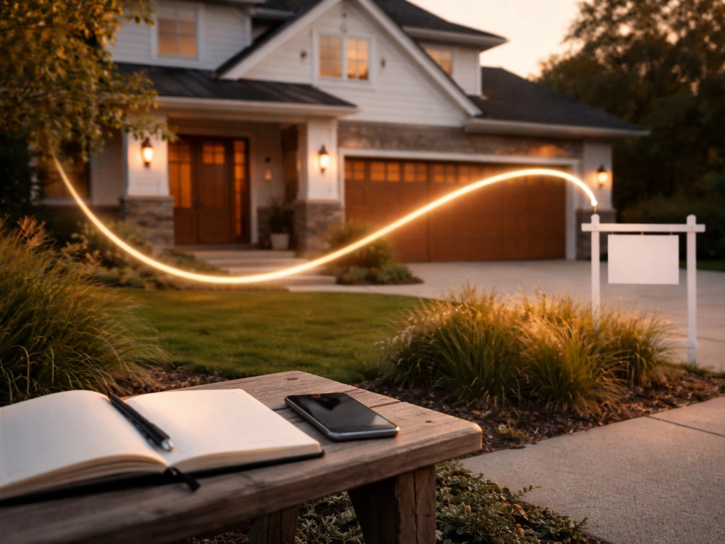 Minimal luxury house exterior with subtle light arcs implying a purchase then sale, no people or text.