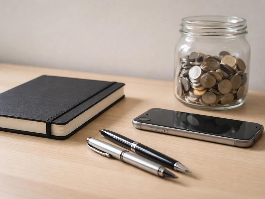 Minimal office desk with coins in a jar, pens, and a smartphone suggesting money estimate uncertainty