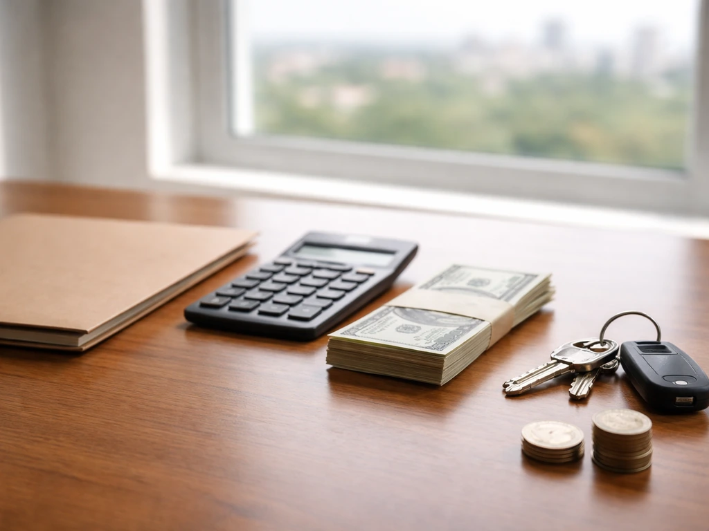 Minimal desk scene with scattered documents, keys, and coin-like objects beside a calculator and closed folder