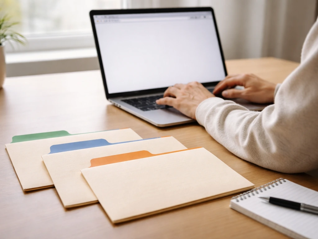 Person using laptop with folders for probate and court records on a desk in natural light.