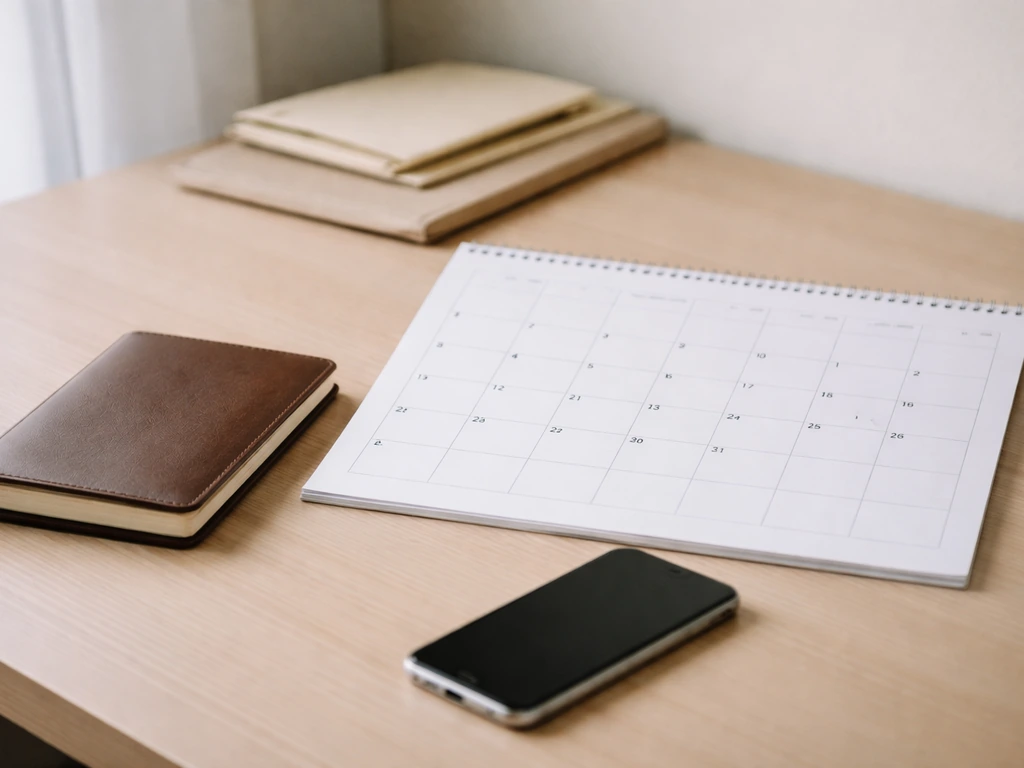 Minimal desk scene with a closed notebook, smartphone, and a calendar showing dates near a muted financial document.