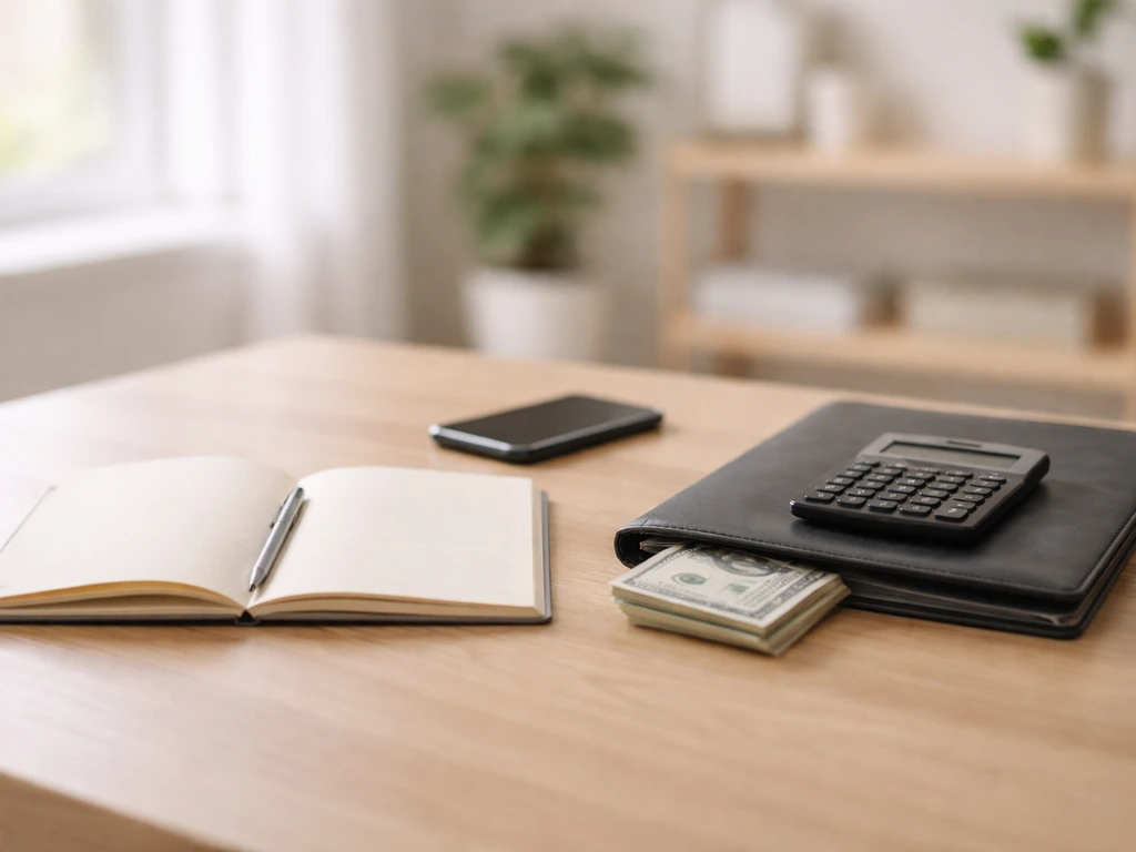 Minimal desk scene with calculator, phone, blank notebook page, and subtle money symbolism in soft light.