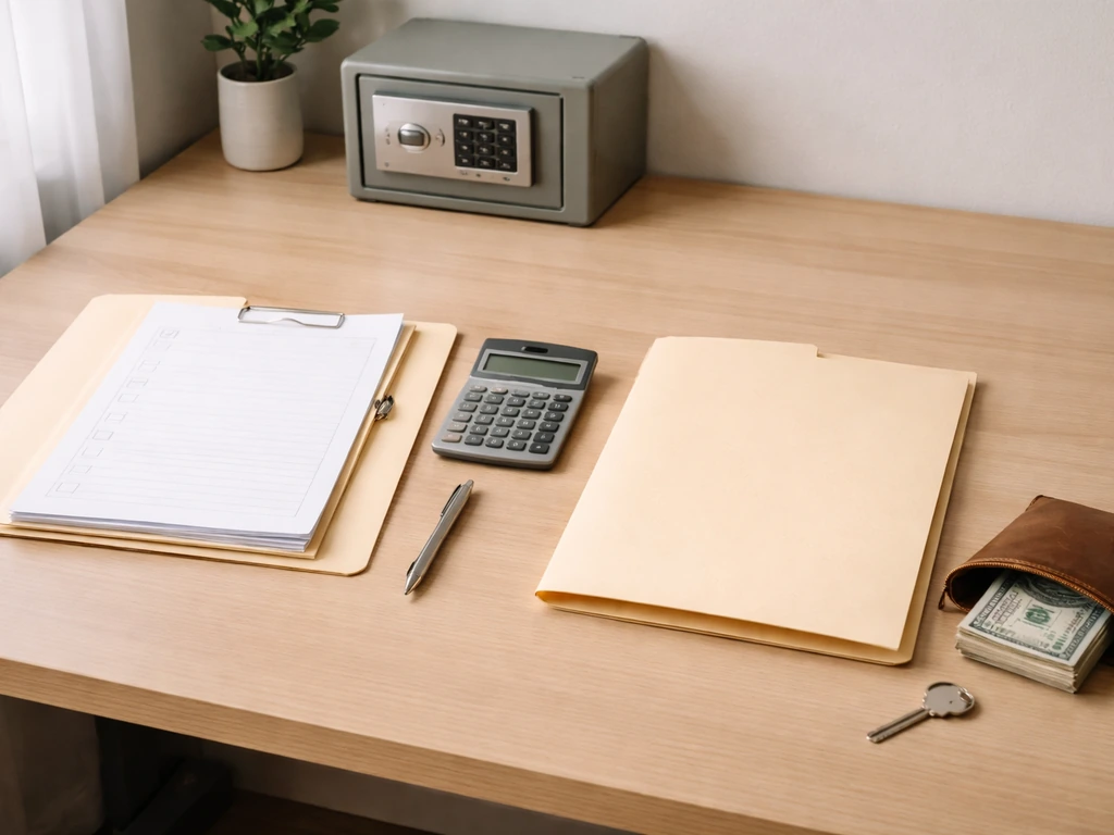 Minimal photo of a desk with two folders and a closed safe door symbolizing public estimates vs missing private assets.