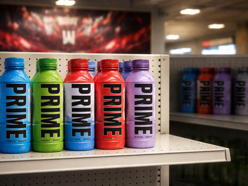 Prime Hydration bottles on a store shelf with a subtle WWE-themed poster-like backdrop, early-to-late 2024 mood.