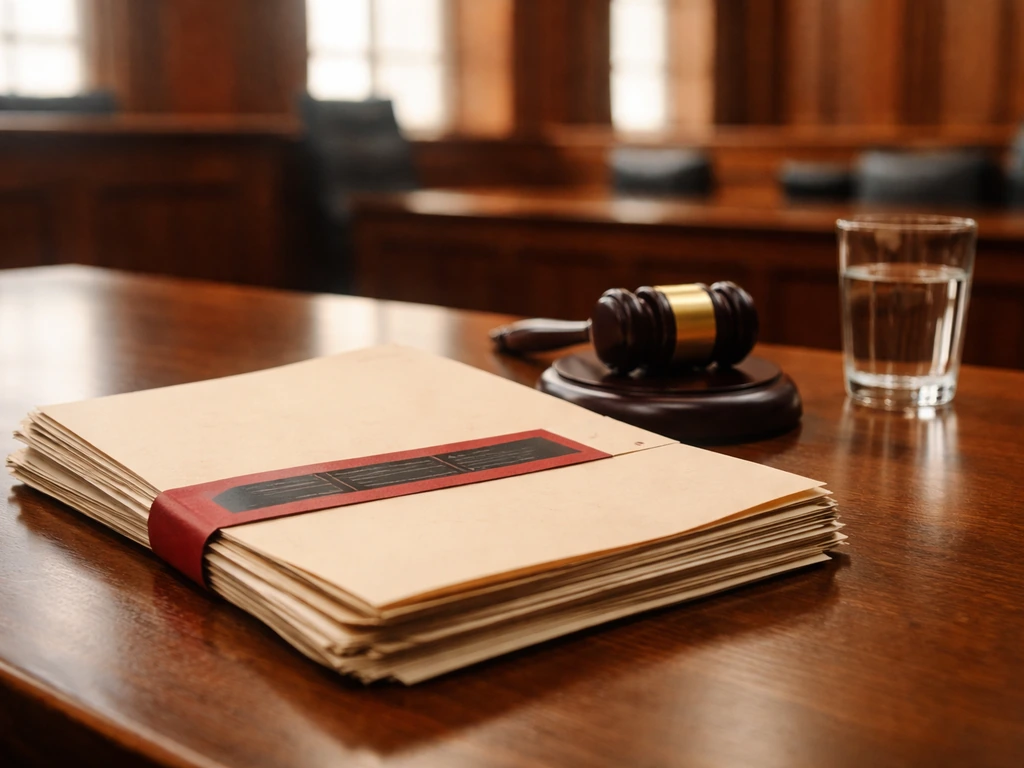 Close-up of a sealed legal document folder and a gavel on a courtroom table, symbolizing legal risk