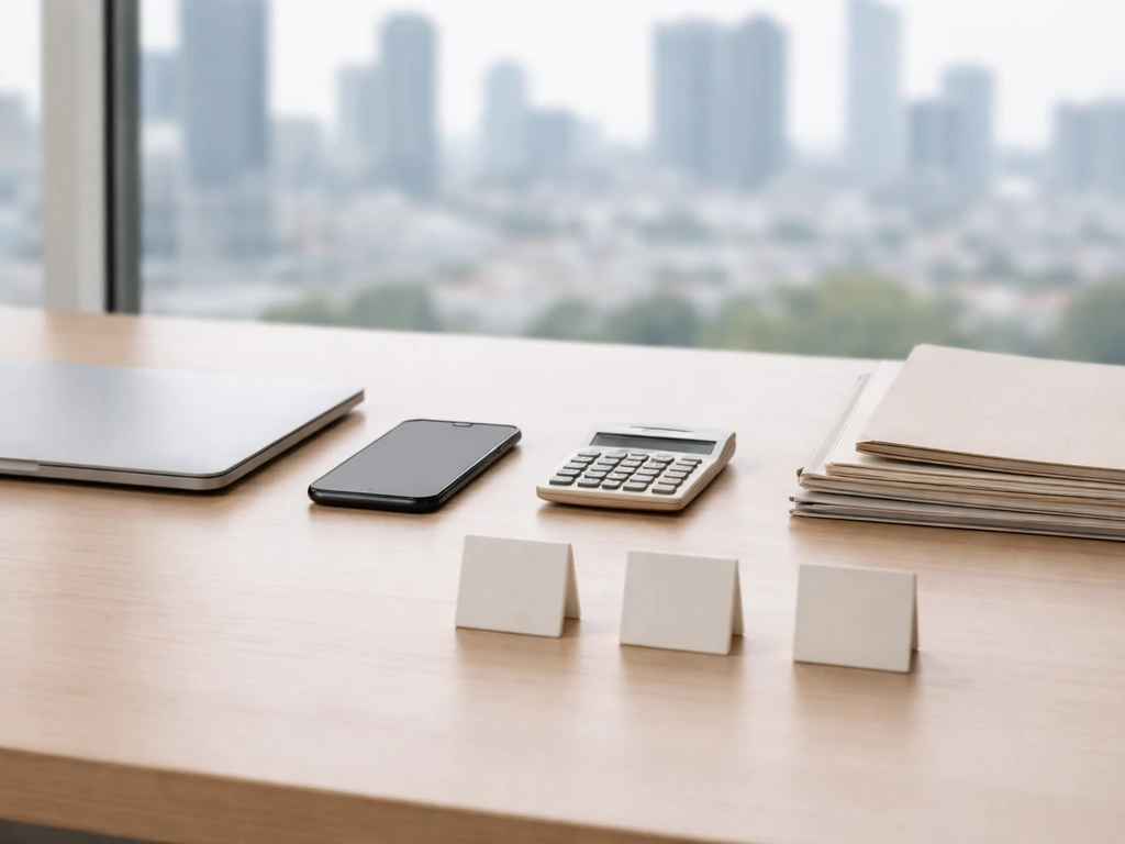 Minimal desk scene with three small date markers and a calculator beside a smartphone, suggesting year-by-year estimates