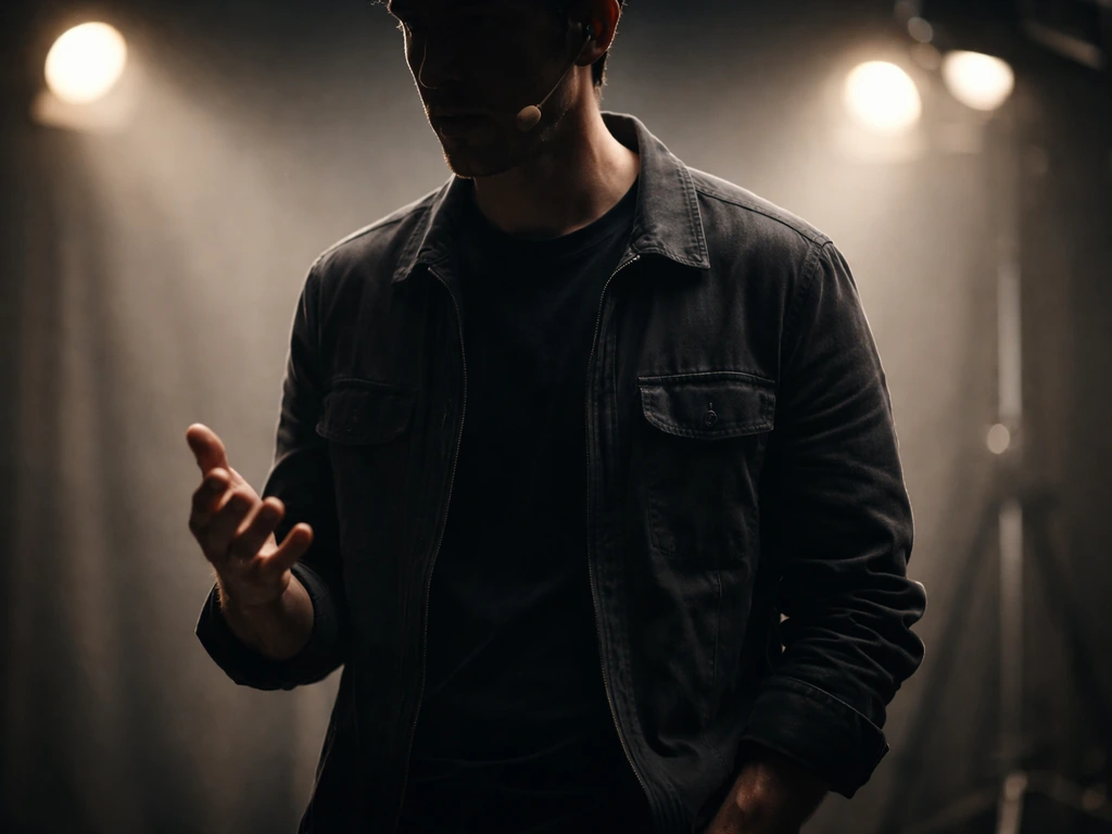 Anonymous male actor on a quiet film set, headset mic, gesturing as if delivering a line