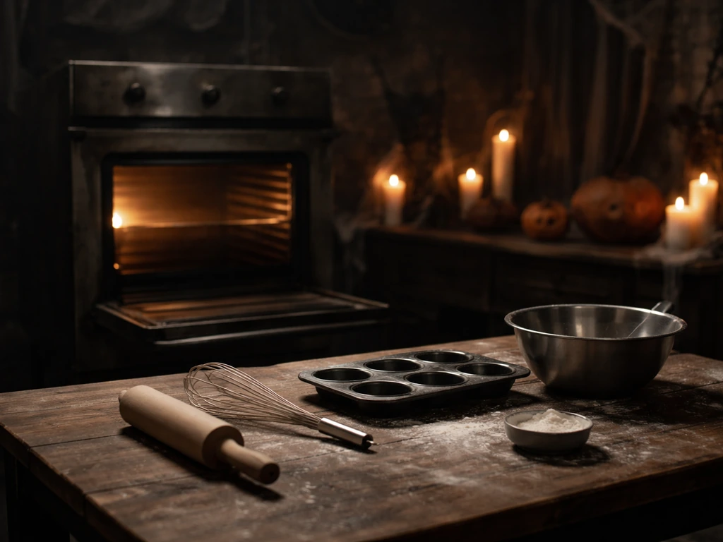 Horror-themed baking competition set with a small oven, spooky props, and a dramatic lighted table.