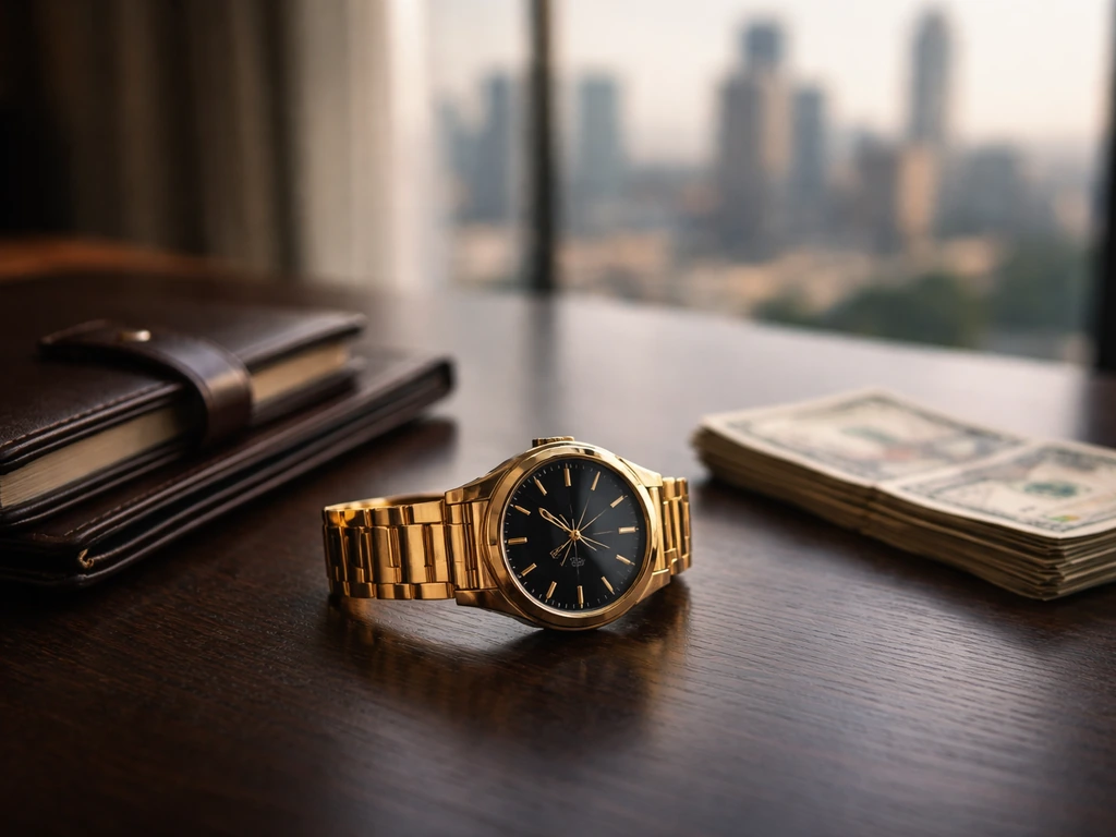 Minimal finance-themed scene: a gold watch, cash, and a muted city skyline suggesting a net-worth estimate context.