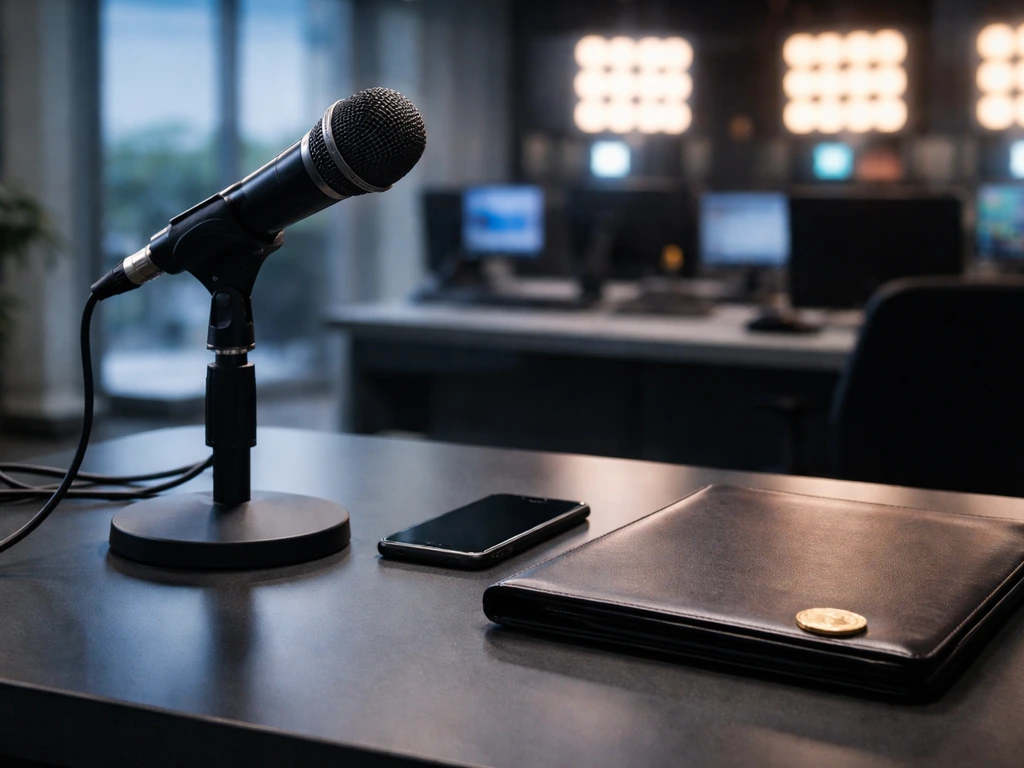 Microphone and smartphone on a TV studio desk with a small gold coin, symbolizing reality TV exposure and money.