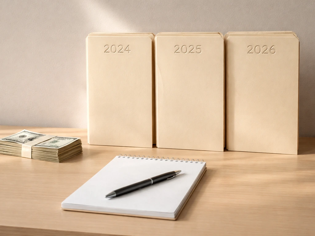 Minimal office desk with three empty date folders labeled 2024, 2025, 2026 and a small stack of cash