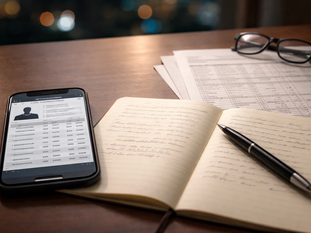 Close-up of an analyst’s desk with a phone showing a generic stats page and contract papers, suggesting cross-checking.