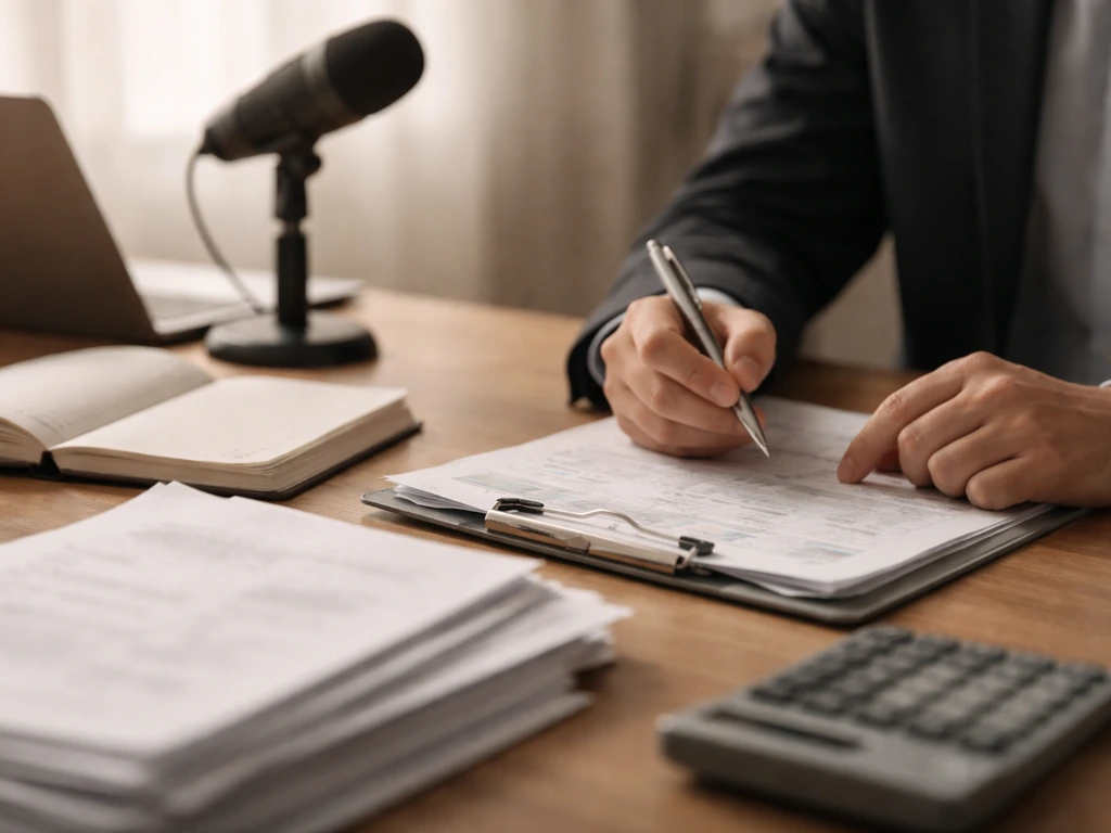 Close-up of a desk with blurred accounting documents and a pen, suggesting estimate vs audit ambiguity