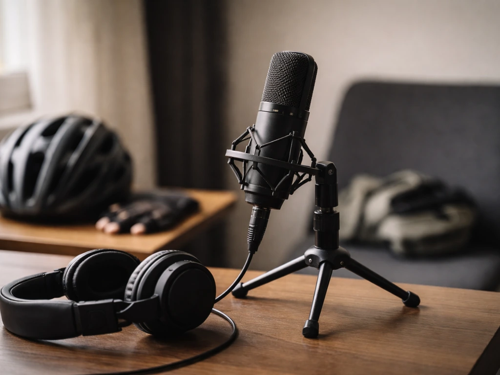Podcast setup with microphone and headphones on a desk, suggesting a cycling sports media show vibe.