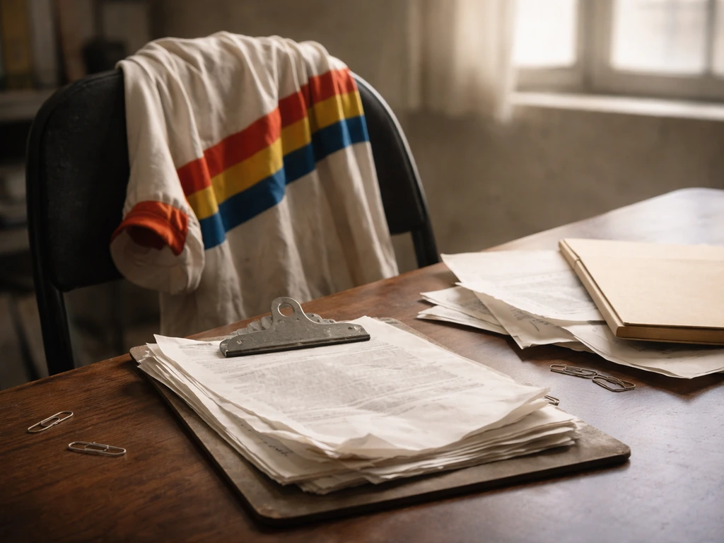Close-up of torn sponsorship contract papers beside a cycling jersey and legal folder in soft daylight