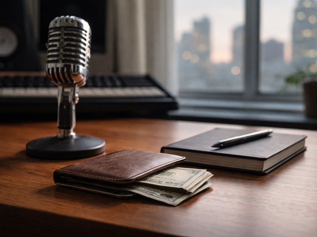 Minimal studio desk with microphone and neatly stacked cash bills, symbolic of estimated net worth range
