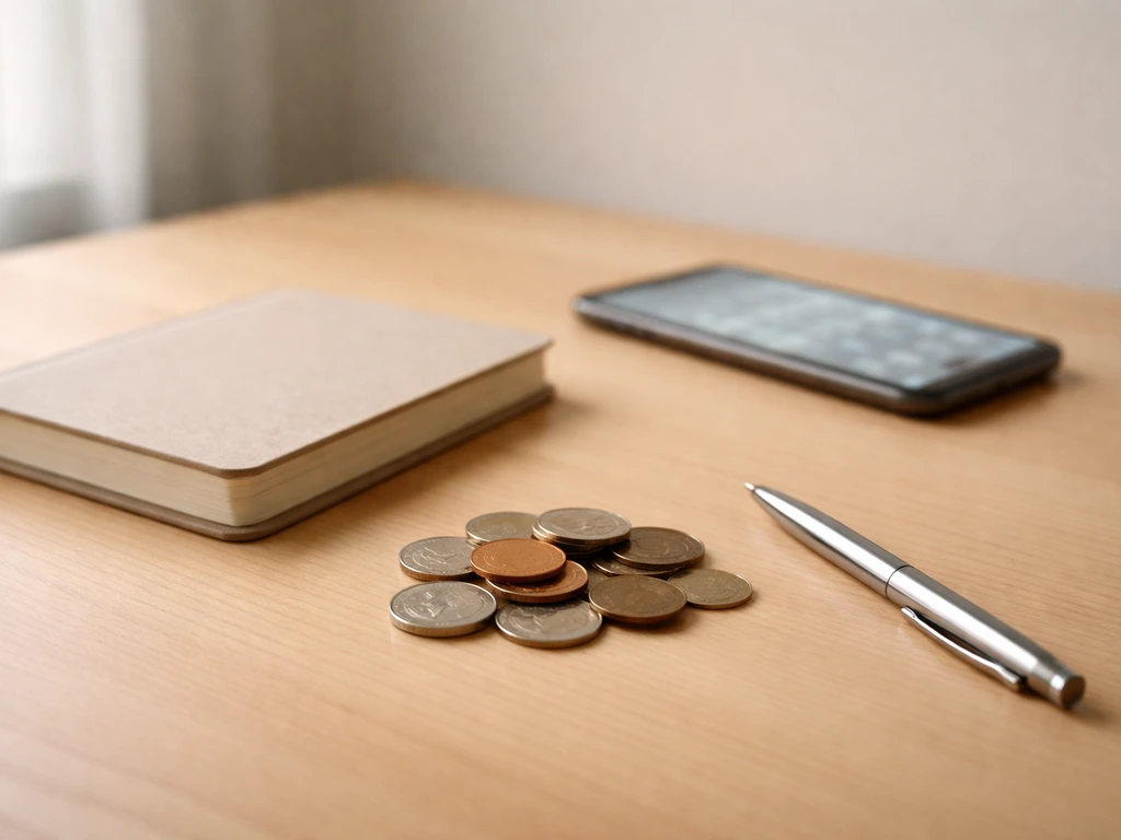 Minimal desk scene with a closed notebook, scattered coins, and a smartphone showing blurred financial figures