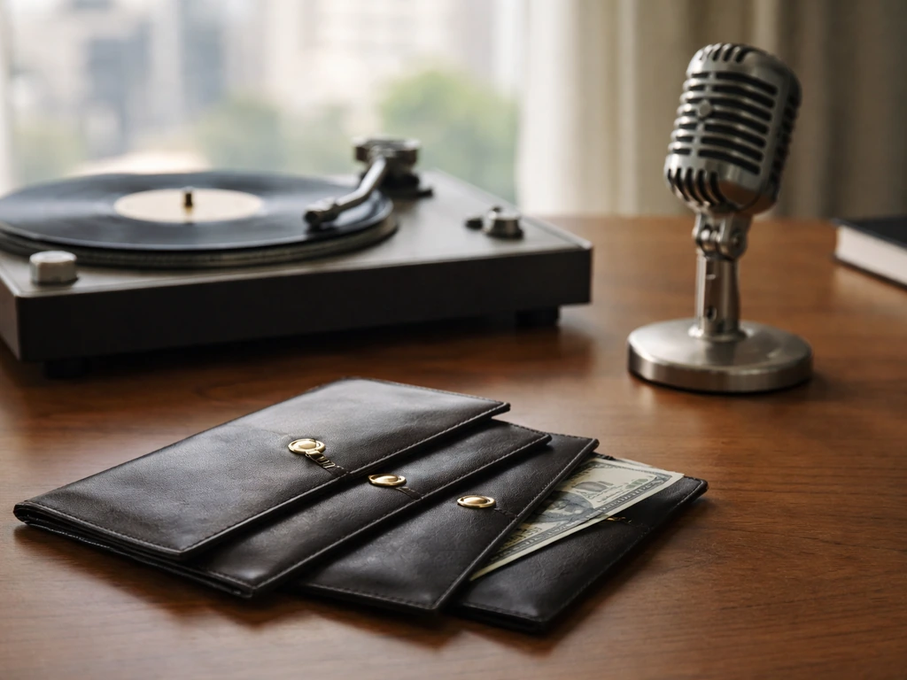 Minimal luxury finance desk with a vinyl record, streaming-style mic, and scattered cash envelopes