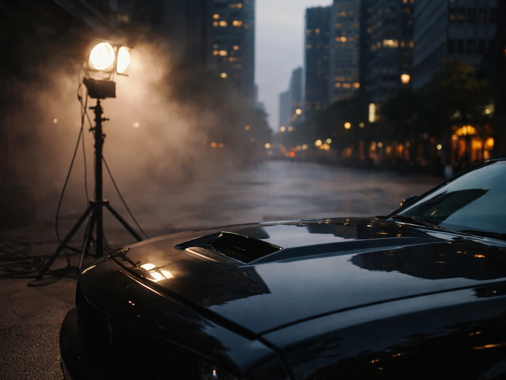 Empty production-like car set with dusk city lights and a subtle film crew light stand, no people.