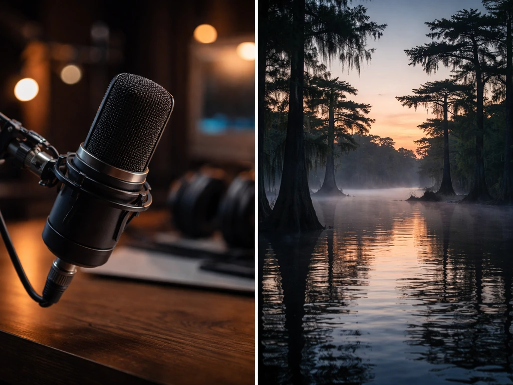 Minimal split collage of a dark studio microphone and a Louisiana swamp at dusk symbolizing estimated TV wealth.