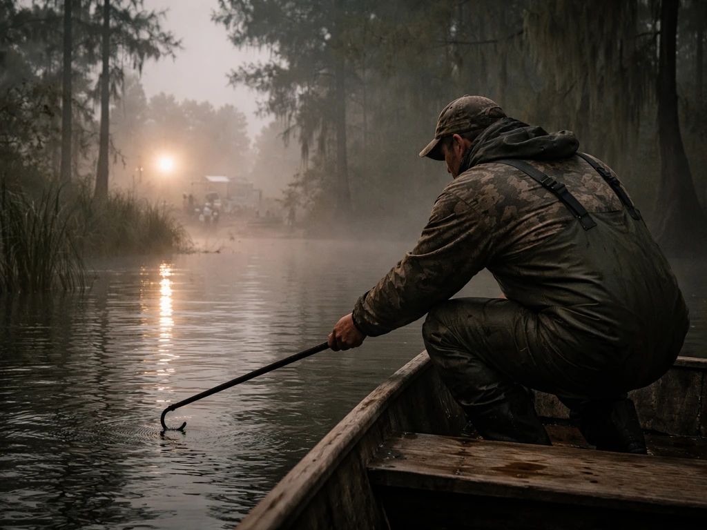 Crouched alligator hunter in a small boat on a misty Louisiana swamp at dawn with distant filming gear.