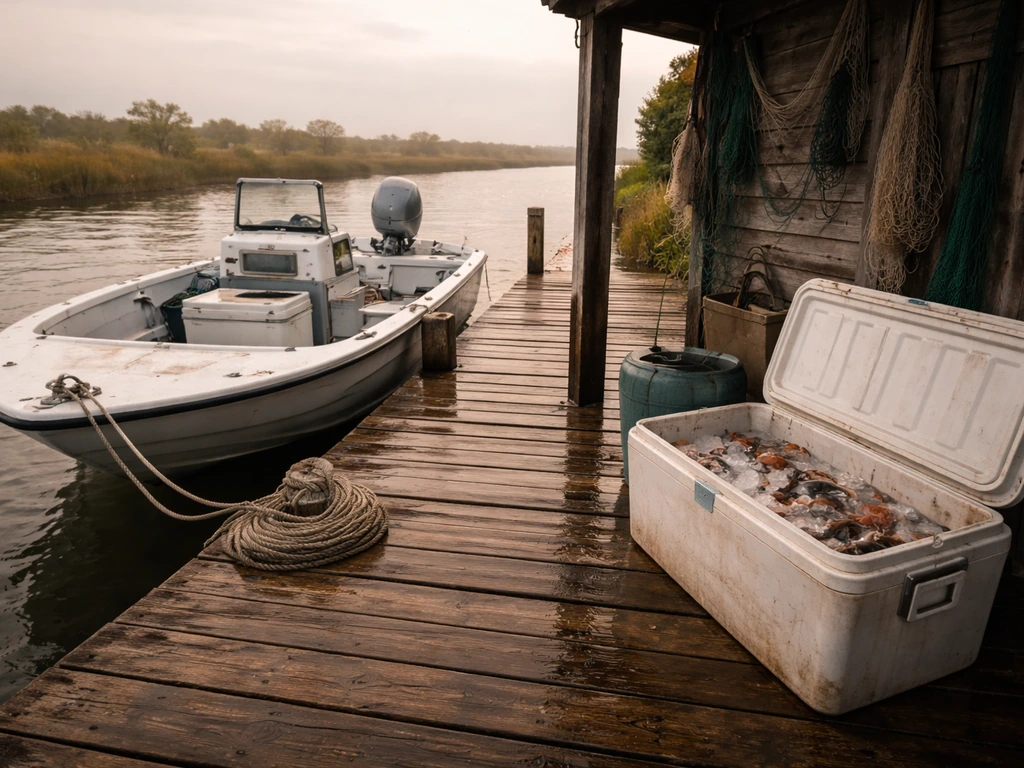 Louisiana alligator hunting setup with boat docked by a shed and mooring lines in soft daylight