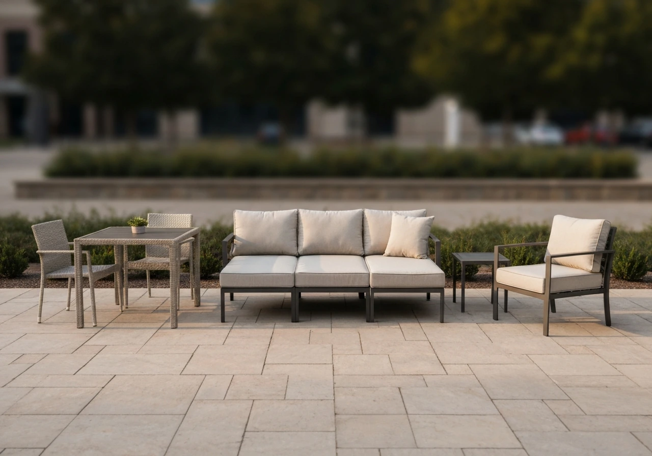 Minimal patio with dining set, sectional lounge, and club chair in warm natural light.