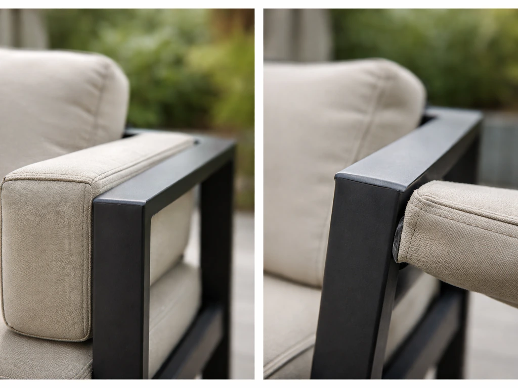 Minimal split-scene showing a stylish chair detail beside a shaky arm joint detail outdoors.