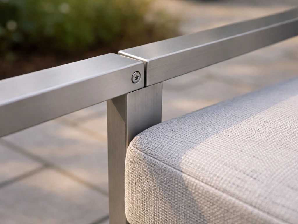 Close-up of brushed aluminum frame joint with a textured weather-resistant outdoor cushion fabric