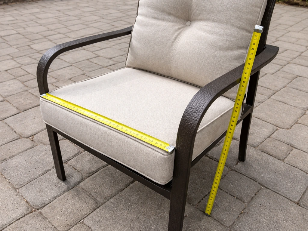 Outdoor patio dining chair with a measuring tape showing seat depth and arm height fit.