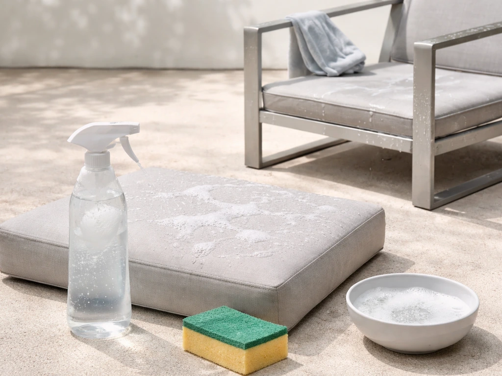 Sunbrella-style outdoor cushion being rinsed and an aluminum frame being wiped with mild soap and water