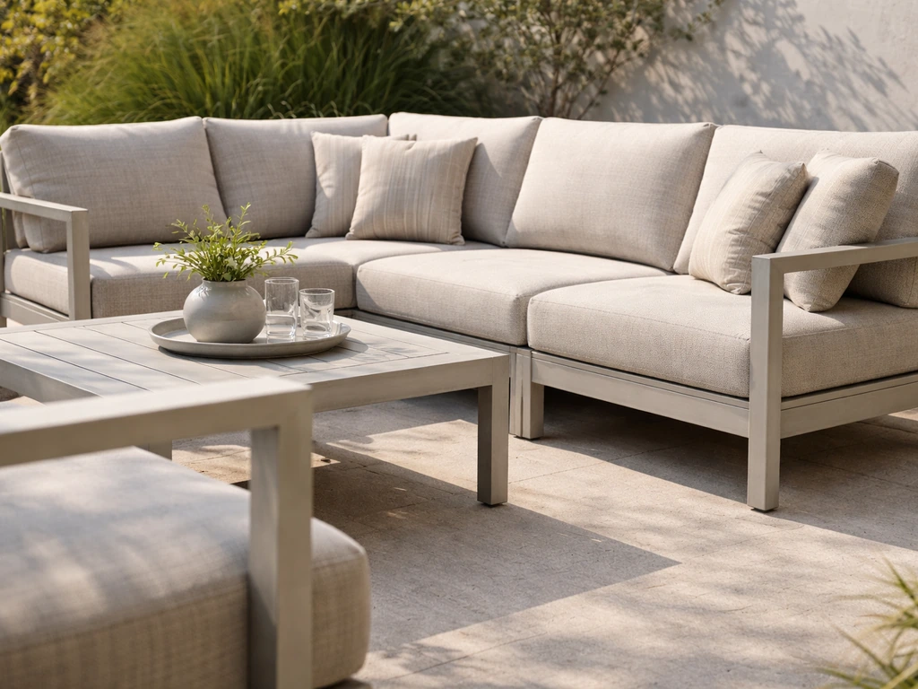 Sunny outdoor patio with a deep-seating NorthCape-style sectional patio set, cushions, and aluminum frame